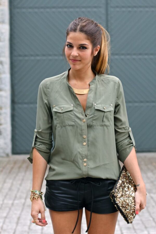 military-green-top-and-leather-shorts