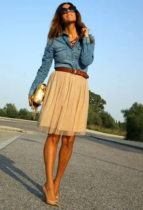 denim-button-down-and-tulle-skirt
