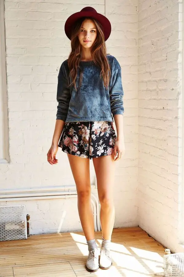 velvet-sweater-and-floral-shorts