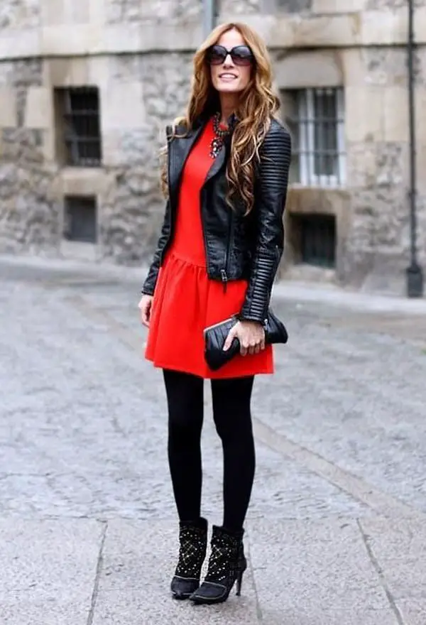 red-dress-and-black-leather-jacket