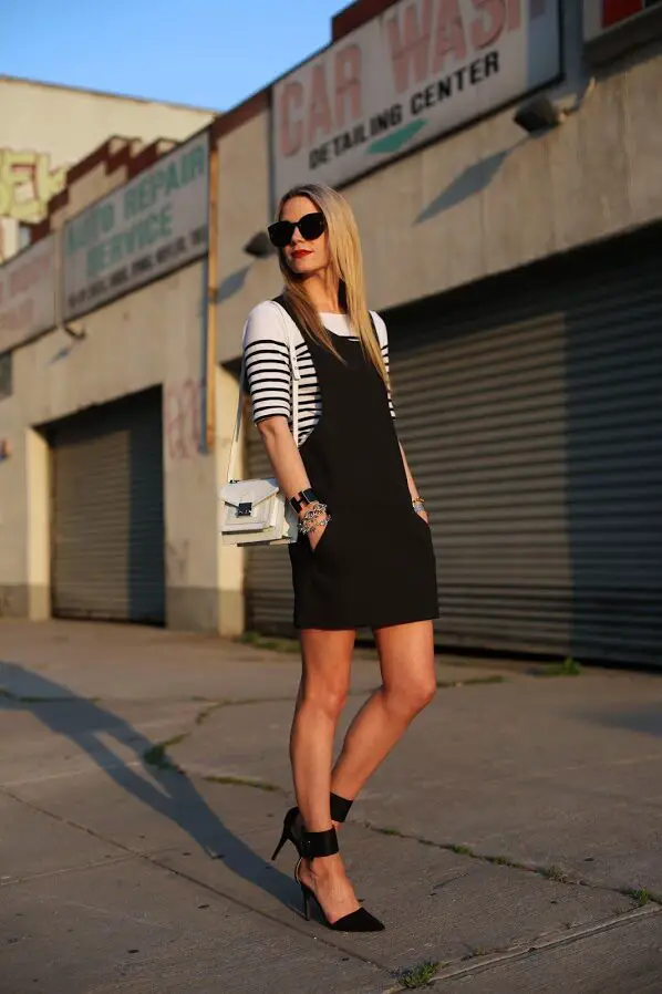 2-black-dress-with-ankle-strap-sandals-and-striped-top