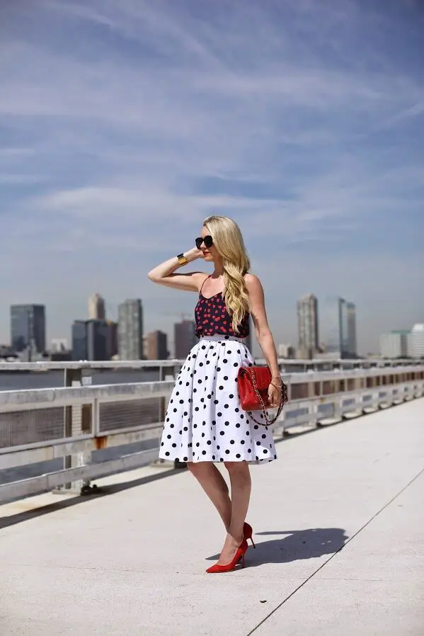 3-polka-dots-top-with-polka-dots-skirt-and-red-shoes-and-clutch