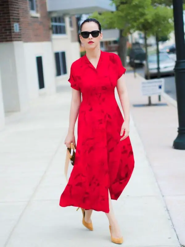 3-red-button-down-dress-with-suede-pumps