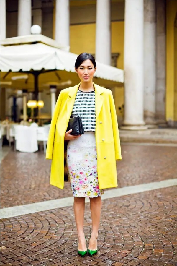 6-yellow-coat-with-floral-skirt-and-striped-top