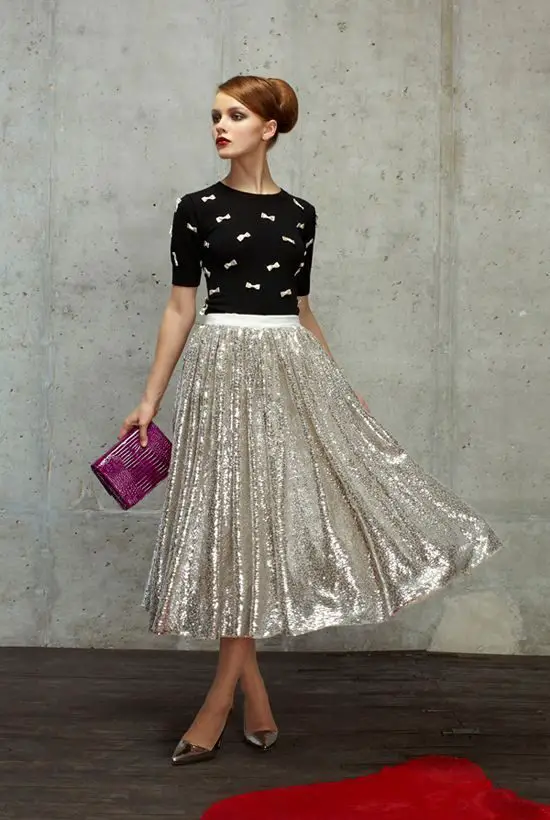 black-sweater-and-silver-skirt