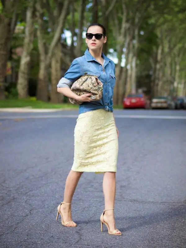 1-printed-clutch-with-chambray-shirt-and-pastel-skirt