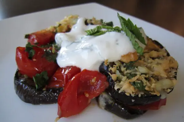 baked-eggplant-with-tomatoes-and-mint-goat-yogurt-recipe