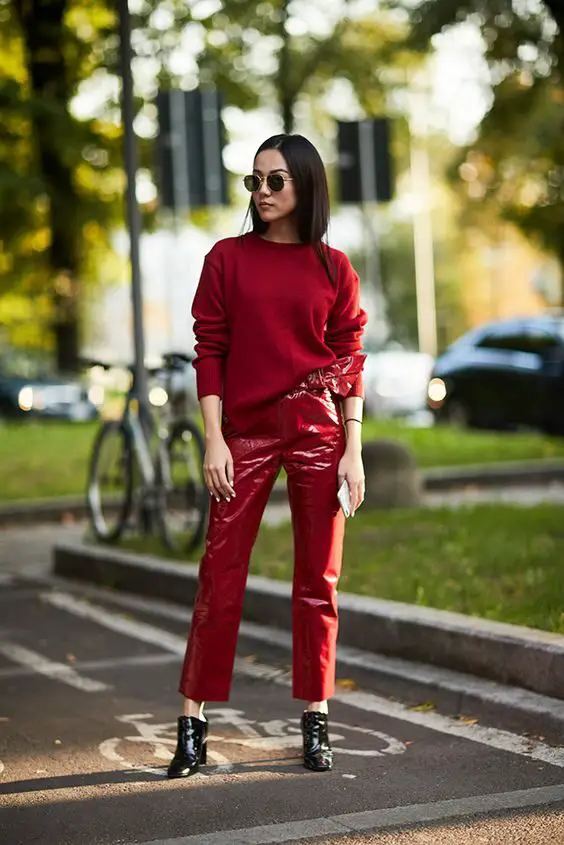 monochromatic-red-outfit-red-leather-pants-and-ankle-boots