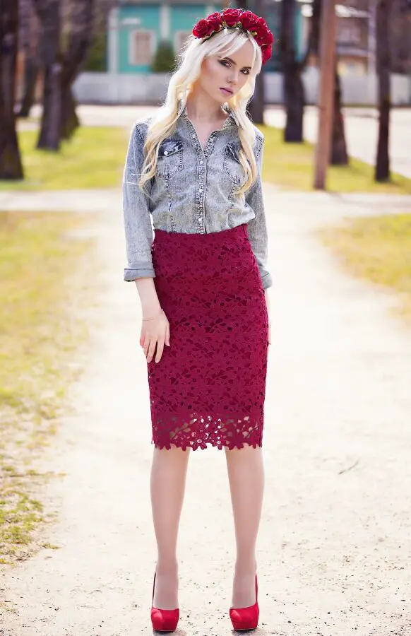 3-burgundy-lace-skirt-with-chambray-shirt-and-floral-headband