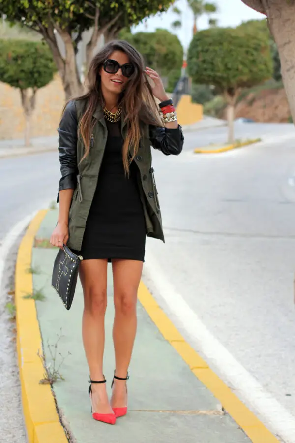black-dress-and-army-green-jacket