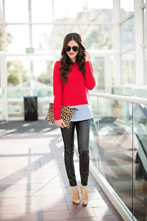 red-sweater-and-leather-pants