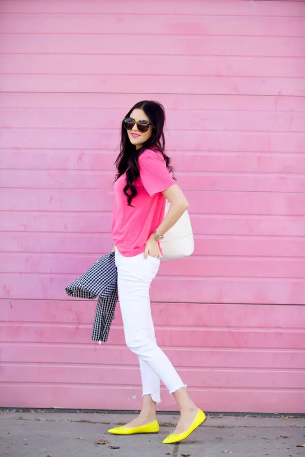3-hot-pink-tee-with-white-pants-and-yellow-ballet-flats