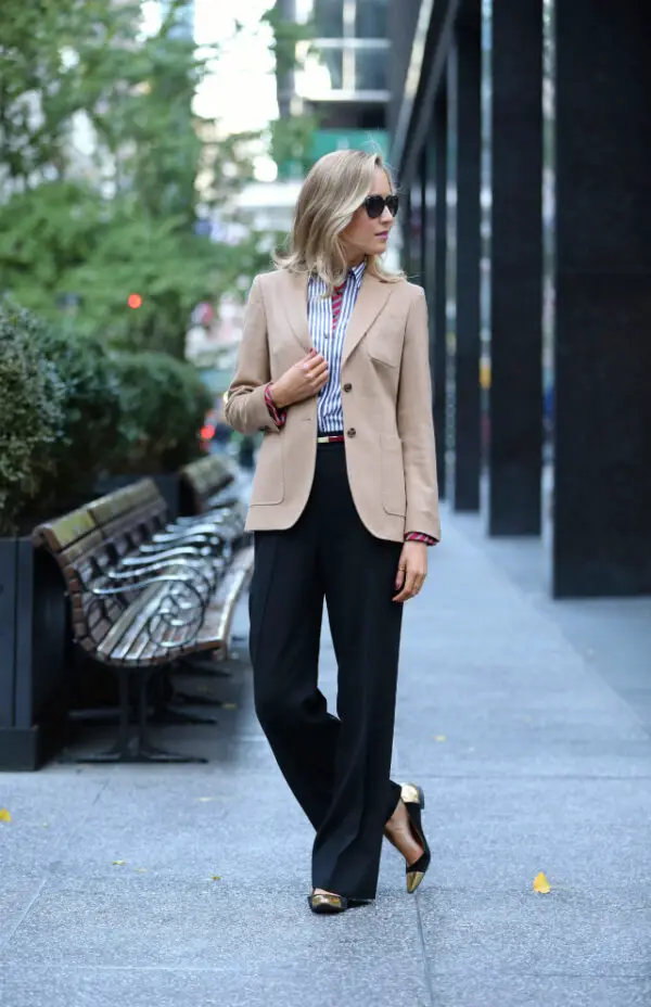 4-camel-blazer-and-button-down-shirt-with-wide-leg-pants-and-cap-toe-ballet-flats