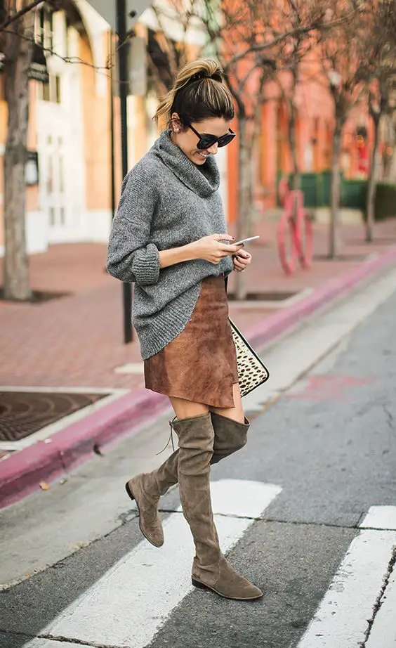 cowl-neck-sweater-and-suede-skirt