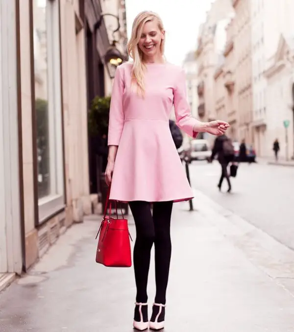2-pink-dress-with-black-tights-and-red-bag