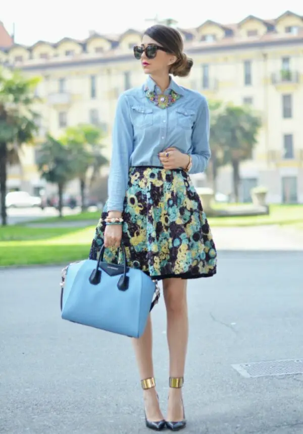 3-chambray-shirt-with-statement-skirt-and-blue-bag