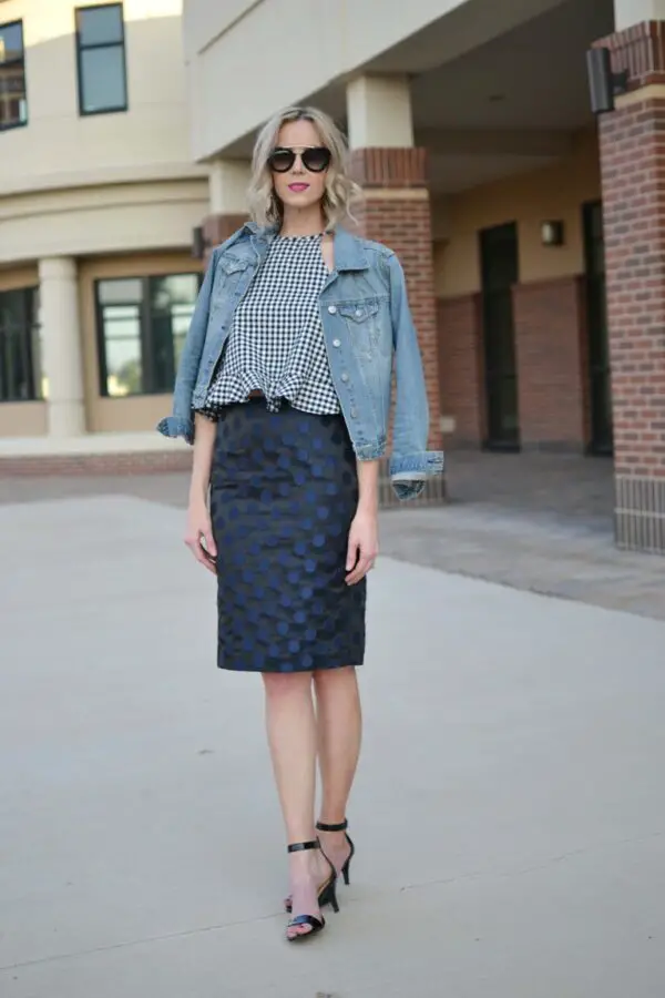 3-polka-dots-skirt-with-checkered-top-and-denim-jacket
