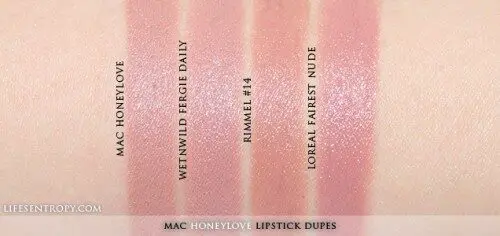 Mac Lipstick in Honeylove matte lipstick swatches and applied to lips 