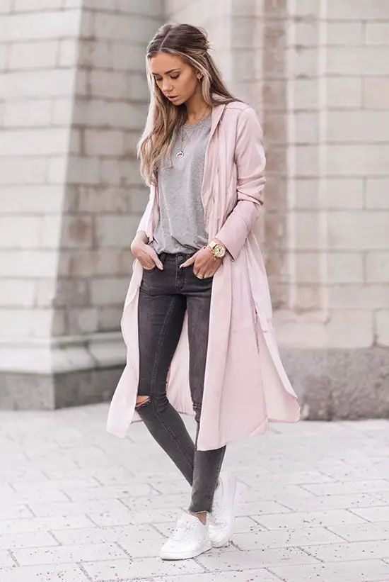 white-sneakers-and-pink-trench-coat-cute-outfit