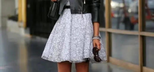 1-black-leather-jacket-with-feminine-dress-and-bow-heels