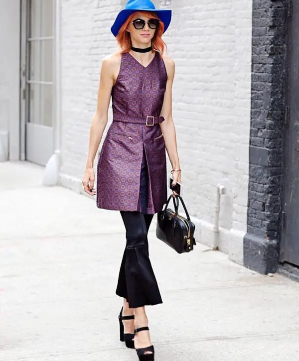 1-cobalt-blue-hat-with-purple-dress-and-flared-pants