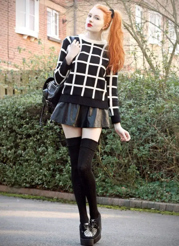 1-creepers-with-checkered-sweater-and-leather-skirt-with-high-socks