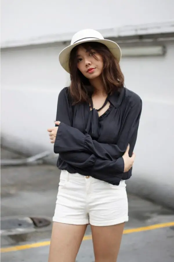 1-denim-shorts-with-chiffon-blouse-and-hat