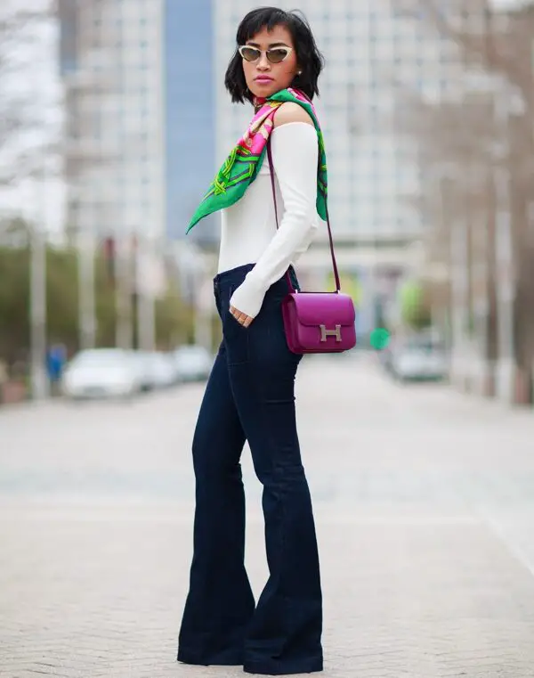 1-flared-jeans-with-white-sweater-and-silk-scarf