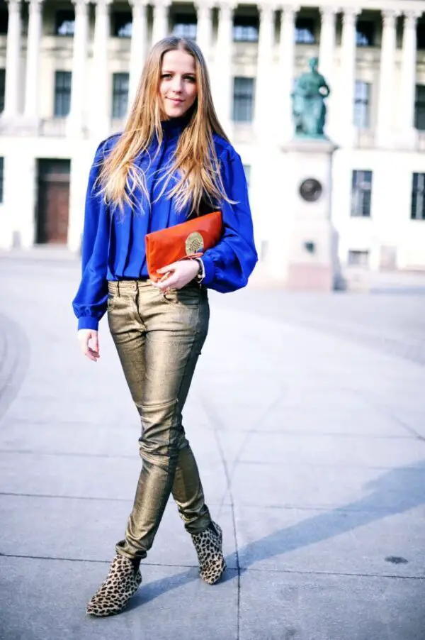 1-metallic-pants-with-blue-blouse-and-orange-clutch-2