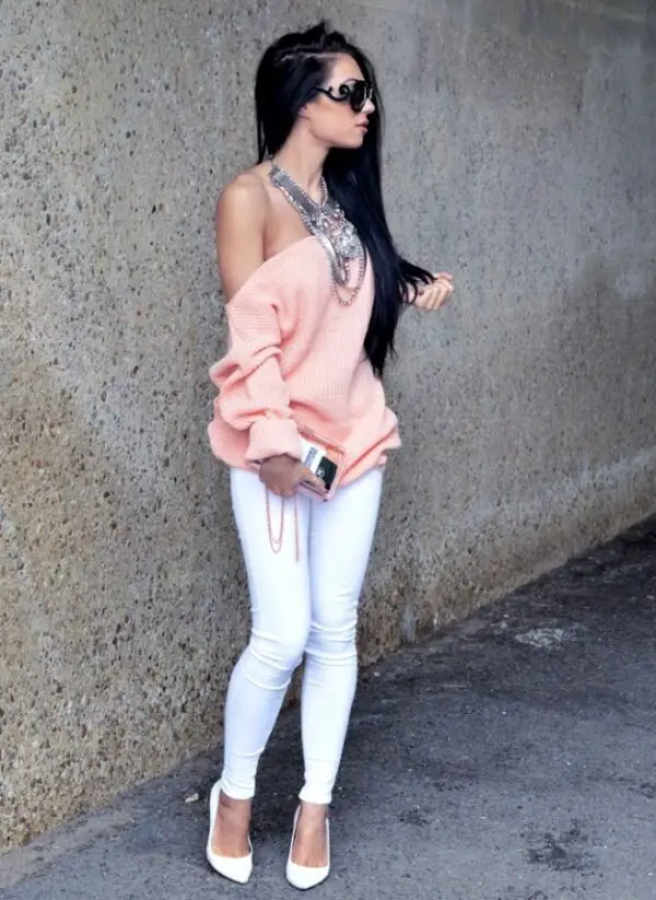 1-pastel-pink-off-shoulder-sweater-with-white-jeans-and-statement-necklace