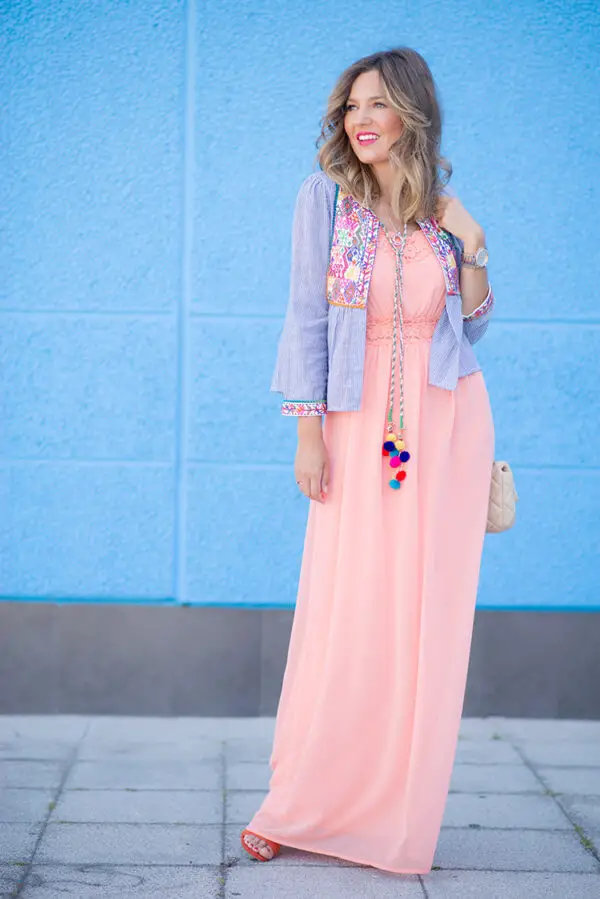 1-peach-maxi-dress-with-pom-pom-necklace-and-embroidered-jacket