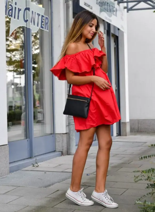 1-ruffled-off-shoulder-dress-with-sneakers
