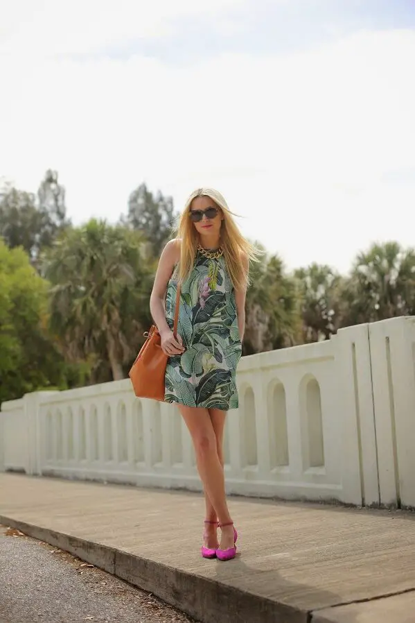 1-tropical-print-shift-dress-with-pink-shoes