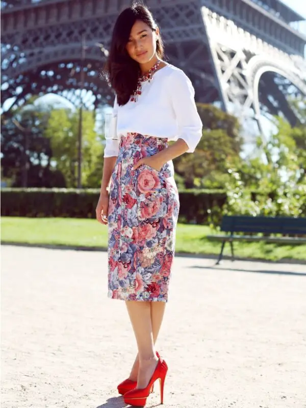 1-white-sweater-with-floral-skirt-and-red-stilettos