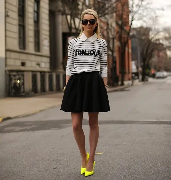 2-black-skirt-with-striped-top-and-neon-yellow-pumps