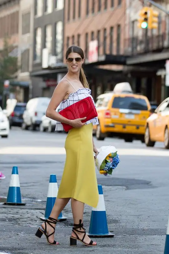 2-checkered-top-with-yellow-skirt-and-red-clutch