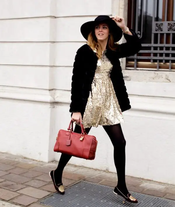 2-classic-coat-with-sequin-dress-and-loafers