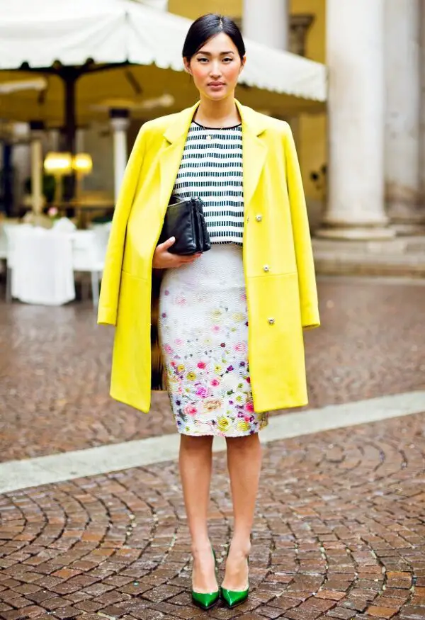 2-floral-print-skirt-with-yellow-coat-and-striped-green-top-and-pumps