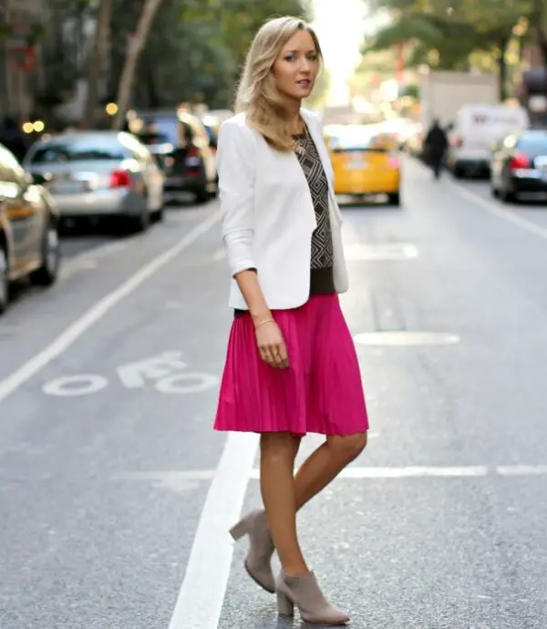 2-hot-pink-skirt-with-white-blazer-and-brown-sweater