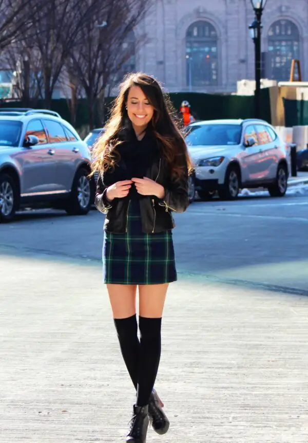 2-leather-jacket-with-checkered-dress