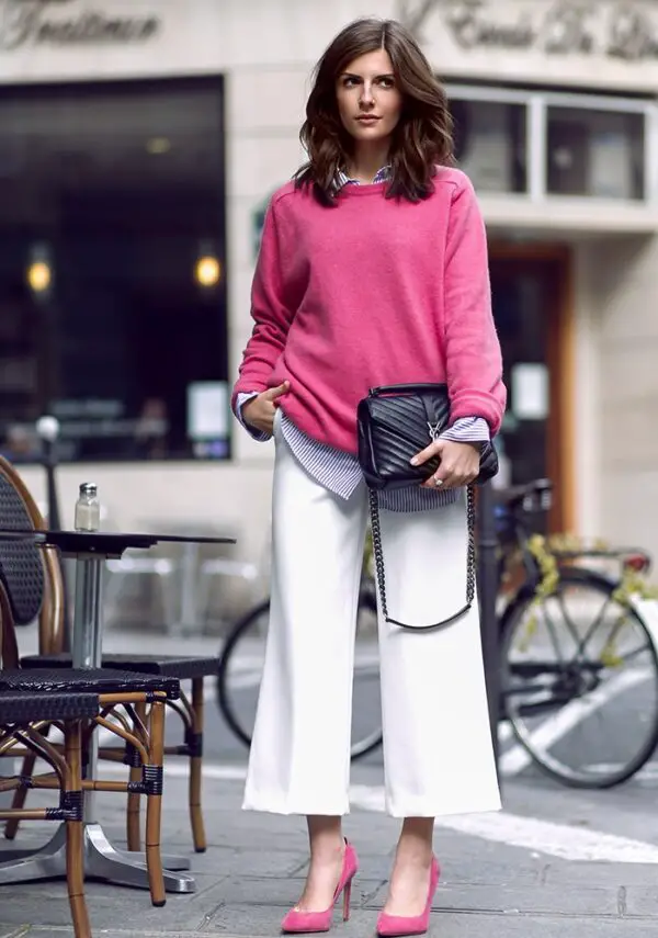 2-pink-sweater-with-white-culottes-and-suede-pumps