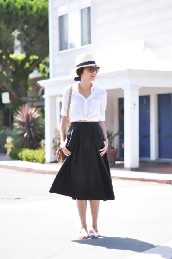 2-pleated-skirt-with-button-down-shirt-and-summer-hat