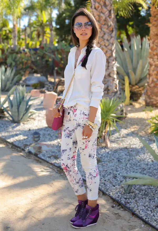 2-printed-pants-with-chic-top-and-wedge-sneakers