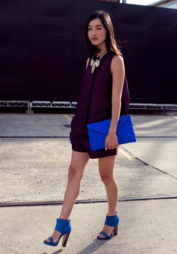 2-purple-romper-with-cobalt-blue-clutch-and-sandals