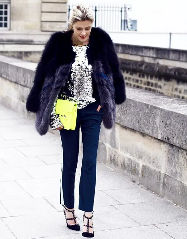 2-sequin-top-with-fur-coat-and-yellow-clutch