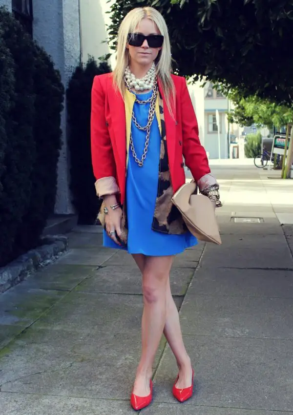 3-blue-dress-with-red-blazer-and-shoes