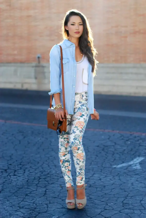 3-floral-pants-with-white-tank-and-chambray-shirt