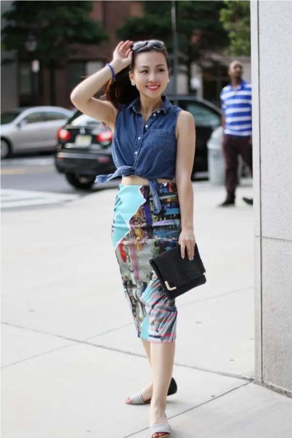 3-high-waist-graphic-skirt-with-cropped-chambray-shirt