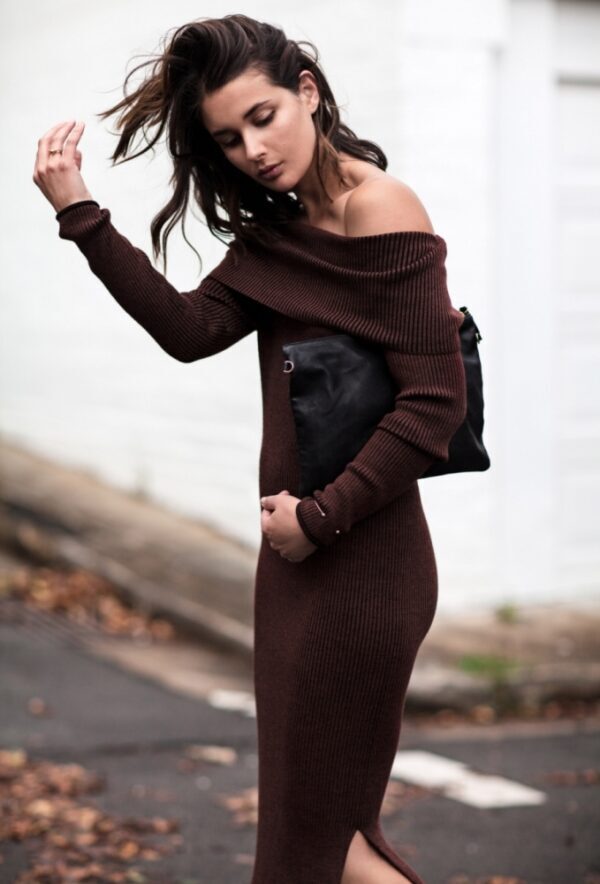 3-knitted-brown-off-shoulder-dress-with-clutch-1