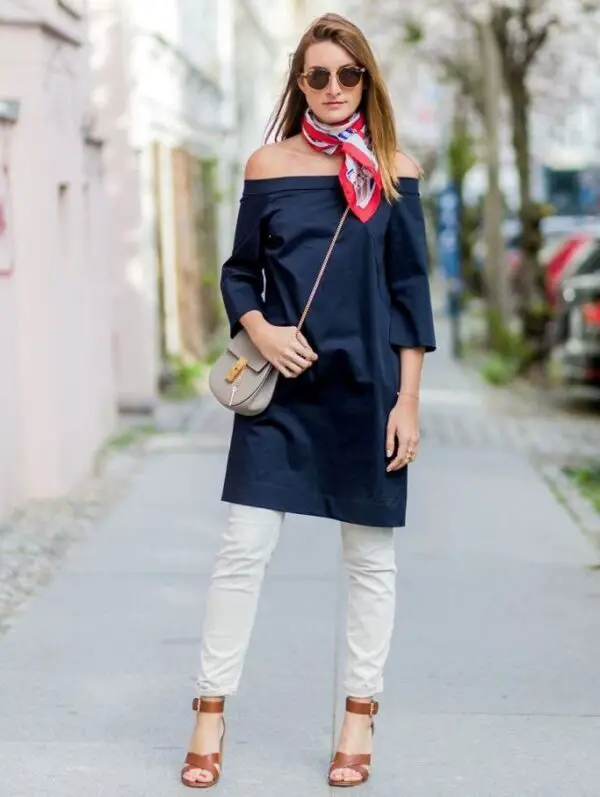 3-off-shoulder-navy-dress-with-jeans-and-scarf